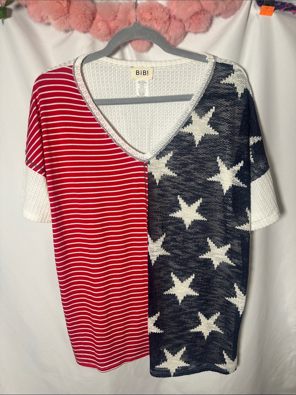 BiBi Red & Navy Star-Stripe V-Neck Short Sleeve Top